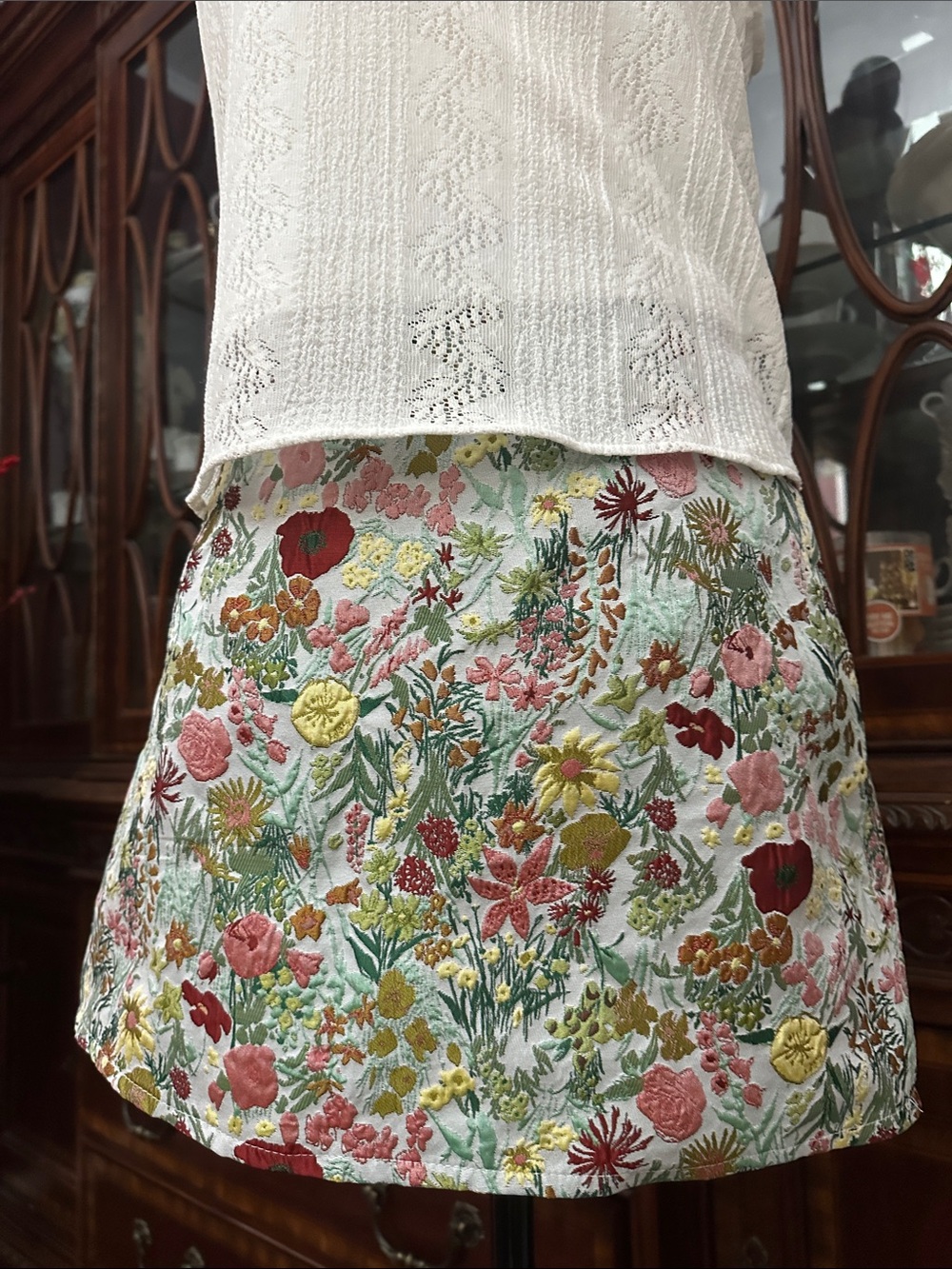 Floral Embroidered Jacquard A line Mini Skirt - Multicolor